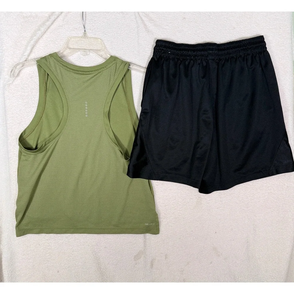 Nike Womens Dri-FIT Running Tank and Fly Shorts Set Olive Green Black Medium
